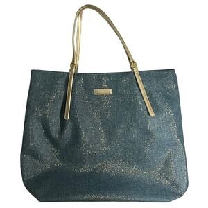 Lancome Teal Glitter Tote Bag Gold Handles Large NWOT